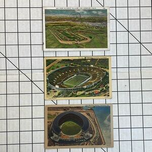 Vintage postcards ca 1940's, Olympic Village in LA; Rose Bowl, Municipal Stadium